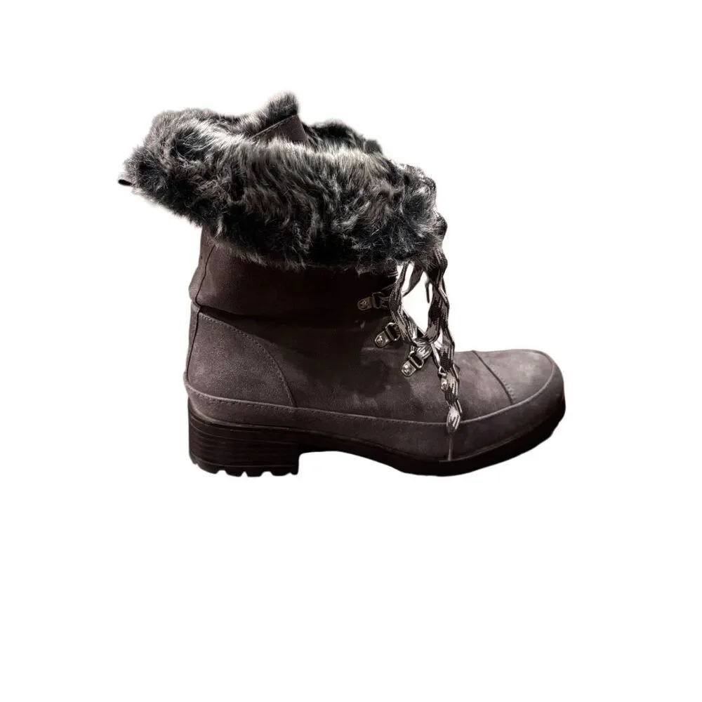 JustFab gray lace up faux leather and fur boots (10)